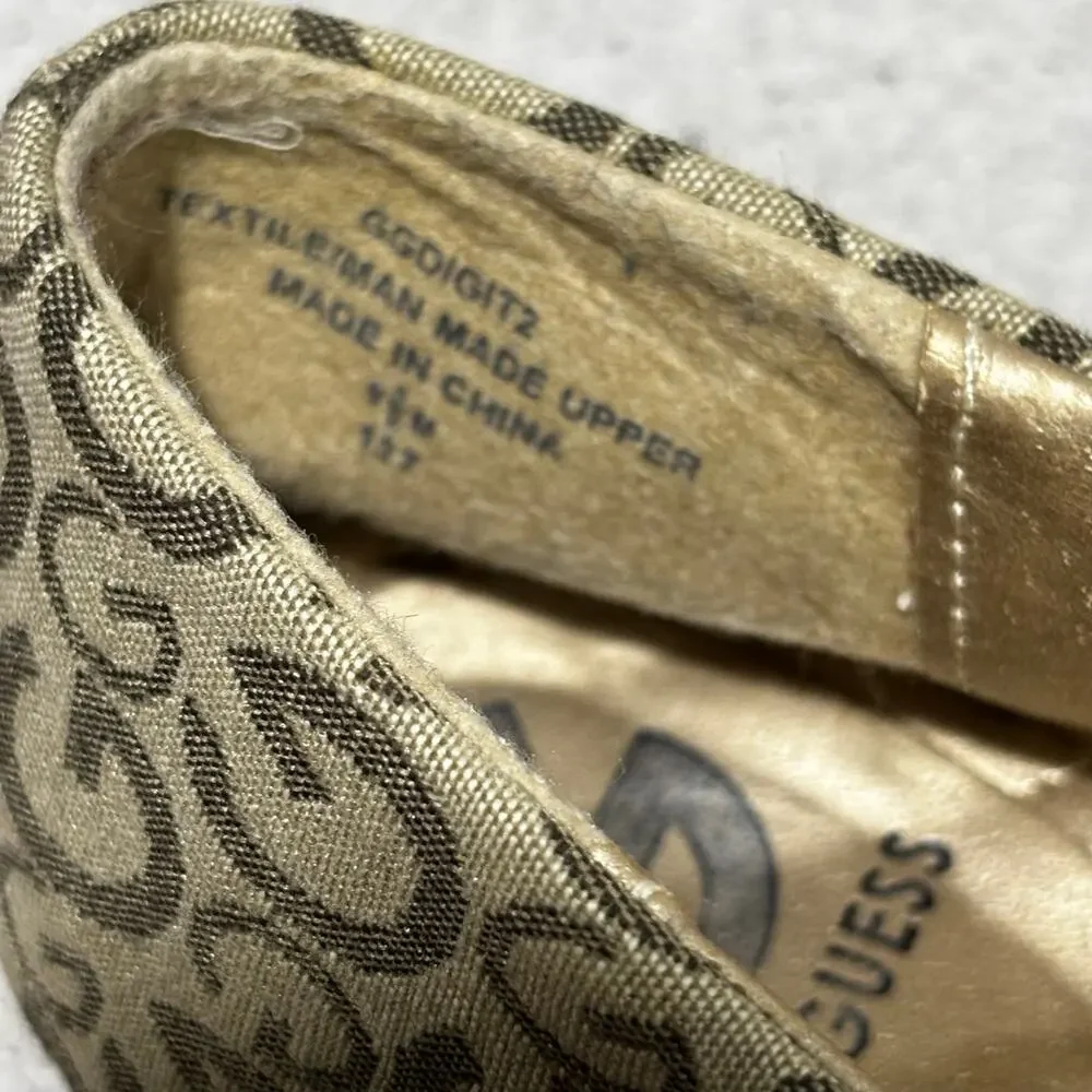 Guess flats ladies slip on casual shoes tan brown logo canvas gold buckle 9.5M
